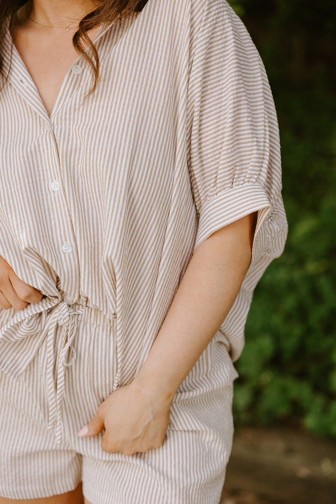 Oversized Striped Shirt & Short Set - Taupe