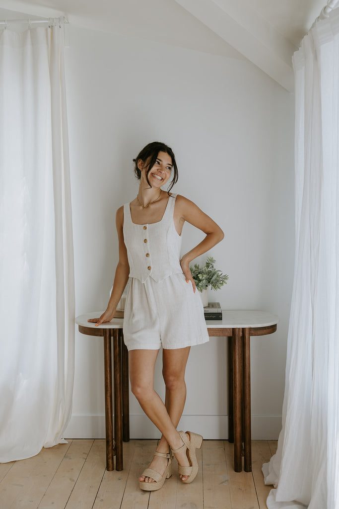 Faux-Set Button Up Vest Romper - Oat