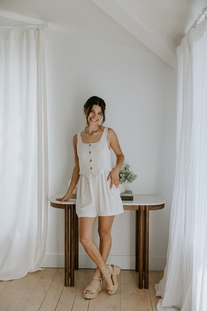 Faux-Set Button Up Vest Romper - Oat