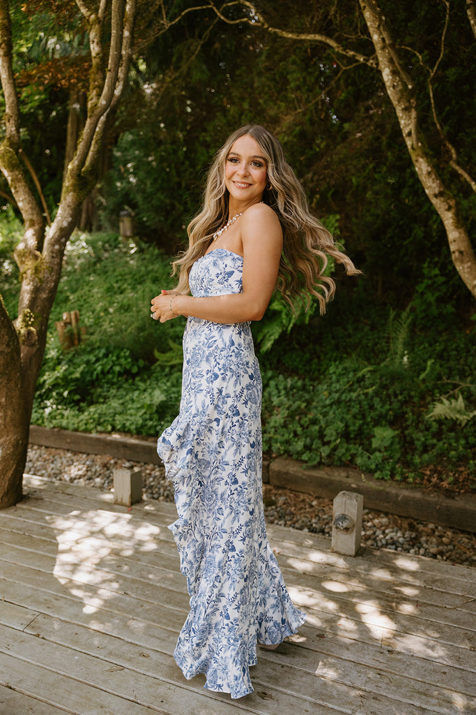 Strapless Ruffle Front Maxi - Blue