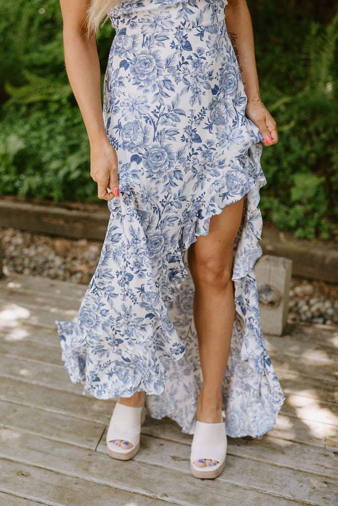 Strapless Ruffle Front Maxi - Blue
