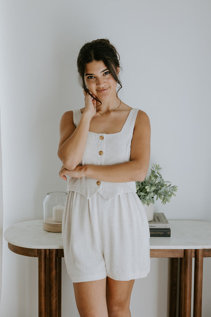Faux-Set Button Up Vest Romper - Oat