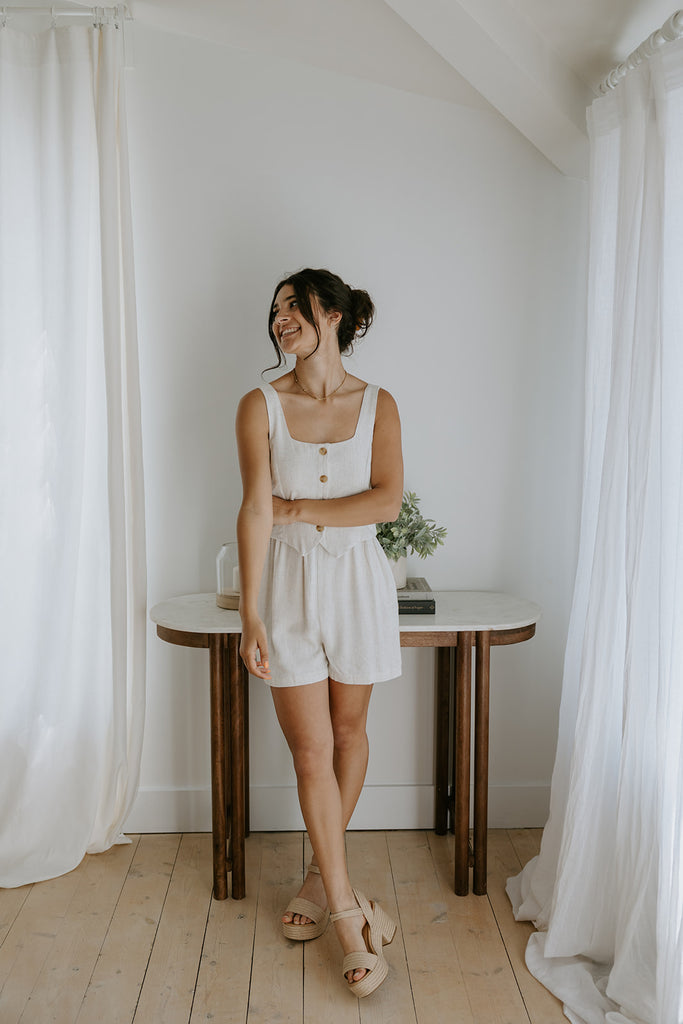 Faux-Set Button Up Vest Romper - Oat