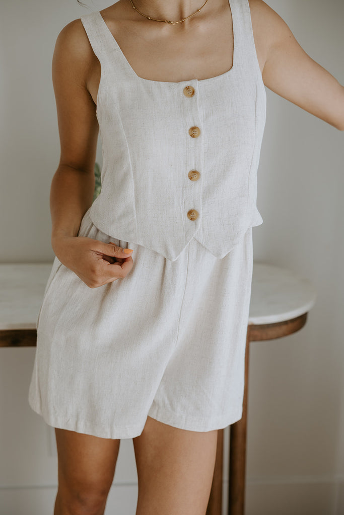 Faux-Set Button Up Vest Romper - Oat