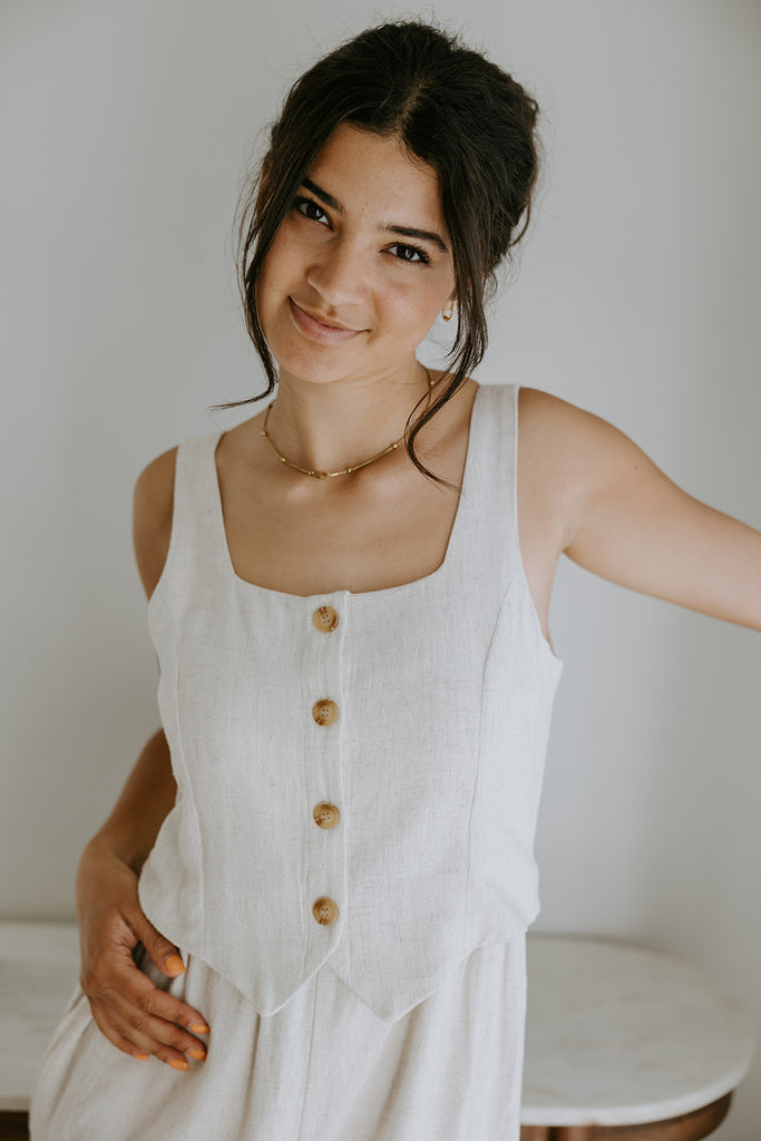 Faux-Set Button Up Vest Romper - Oat