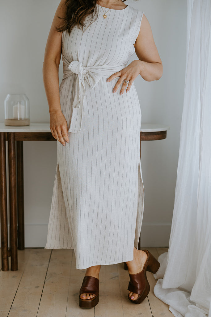 Striped Linen Dress with Smocked Back - Oat
