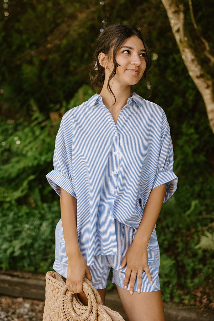 Oversized Striped Shirt & Short Set - Blue