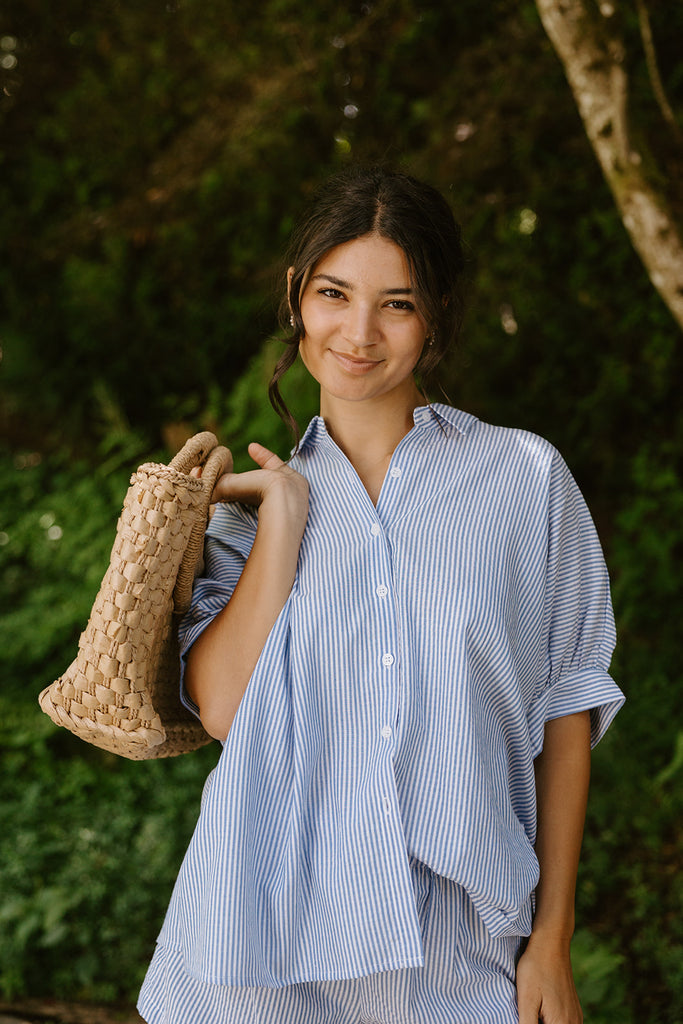 Oversized Striped Shirt & Short Set - Blue