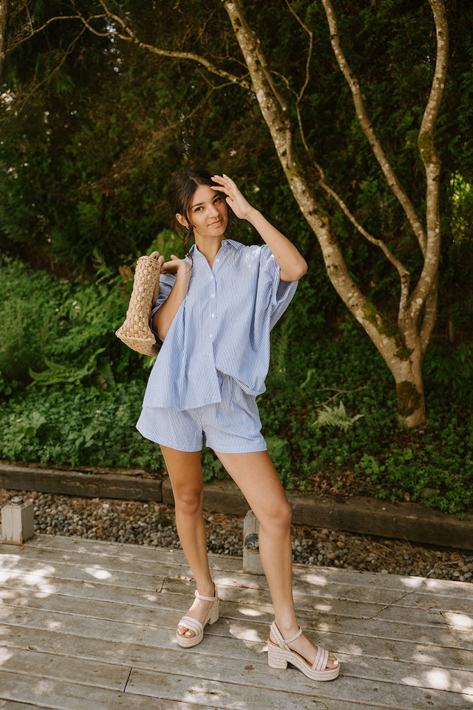 Oversized Striped Shirt & Short Set - Blue
