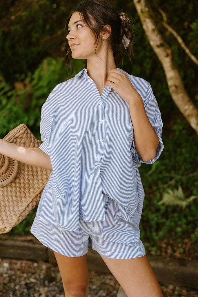 Oversized Striped Shirt & Short Set - Blue