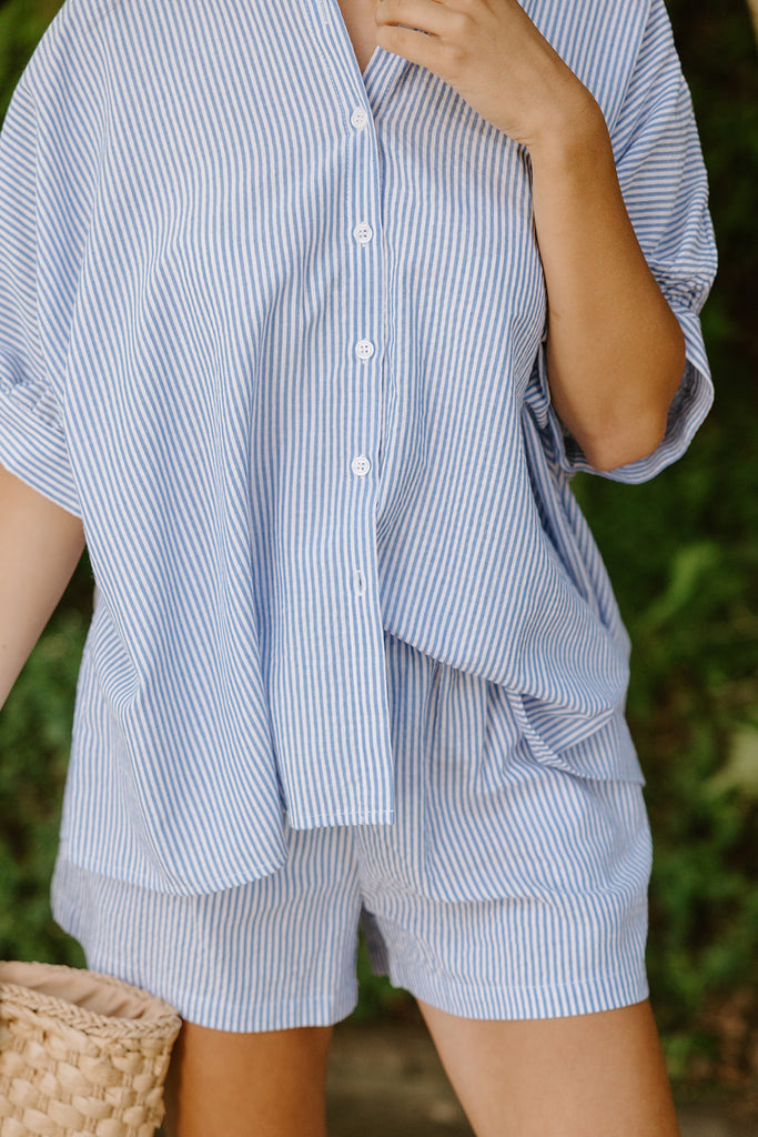 Oversized Striped Shirt & Short Set - Blue