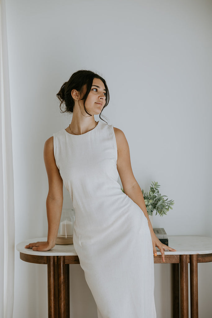 Classic Linen Dress With Smocked Back - Oat