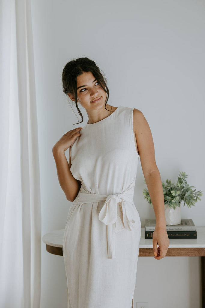 Classic Linen Dress With Smocked Back - Oat
