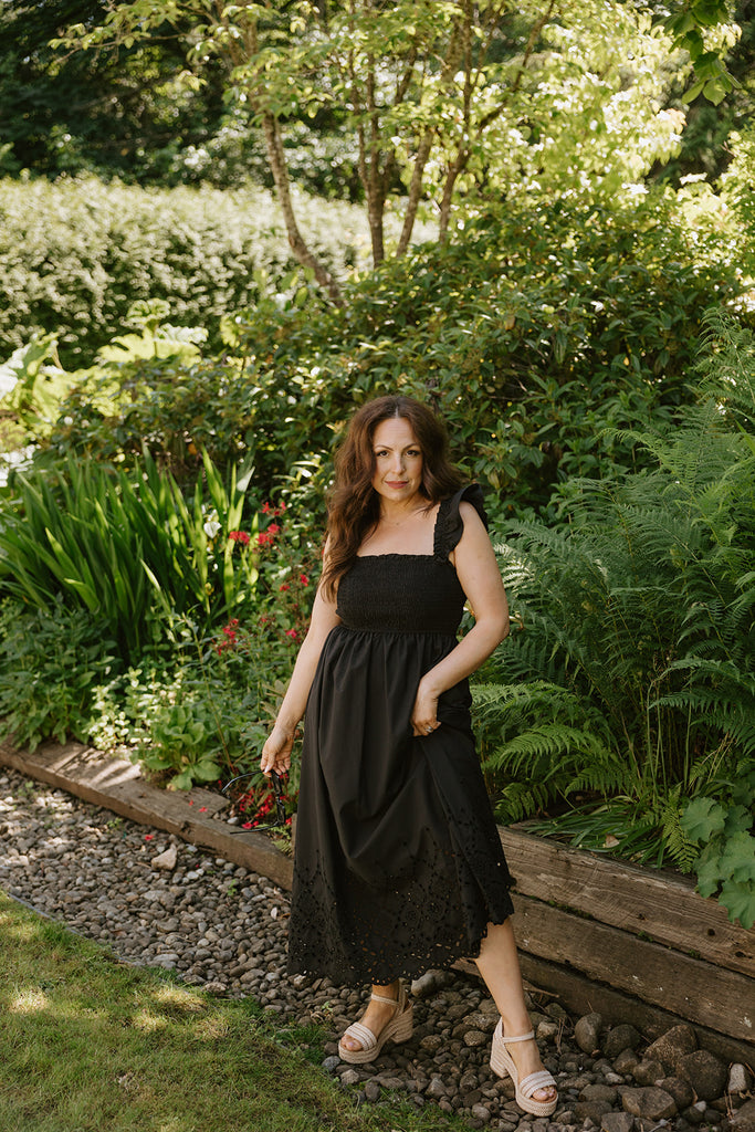 Smocked & Ruffle Midi With Eyelet Details - Black