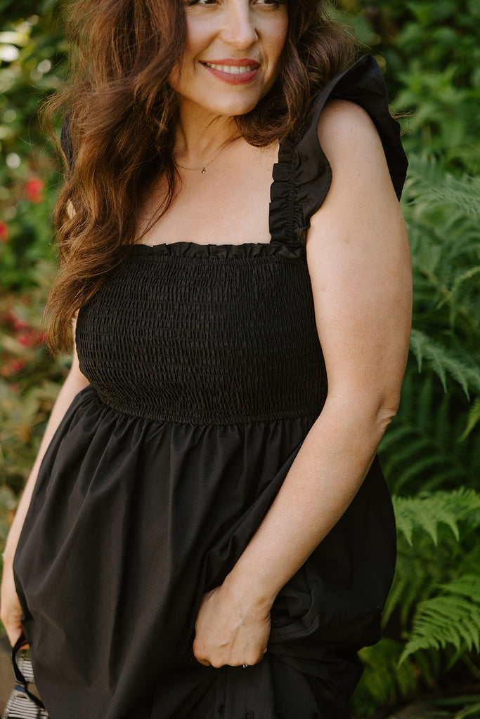 Smocked & Ruffle Midi With Eyelet Details - Black