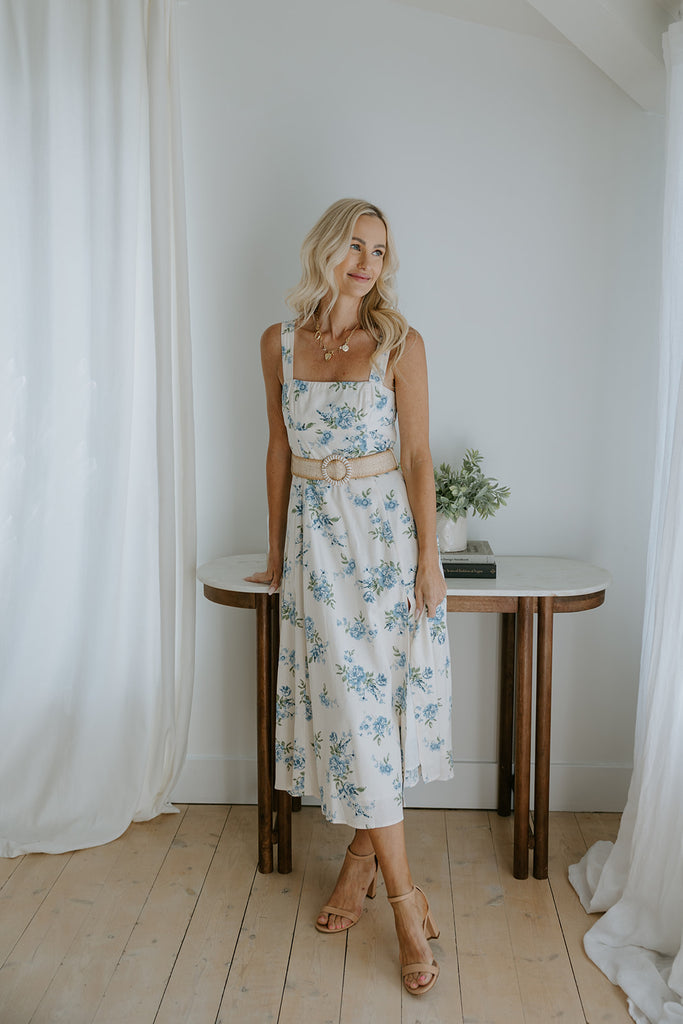 Dream Blue Linen Midi Dress with Belt