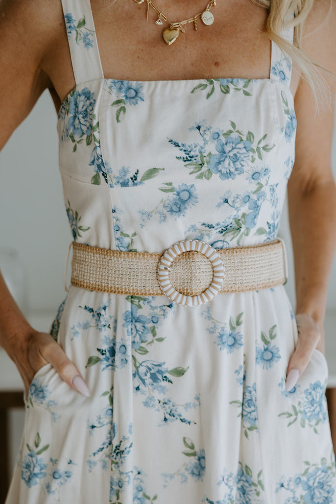 Dream Blue Linen Midi Dress with Belt