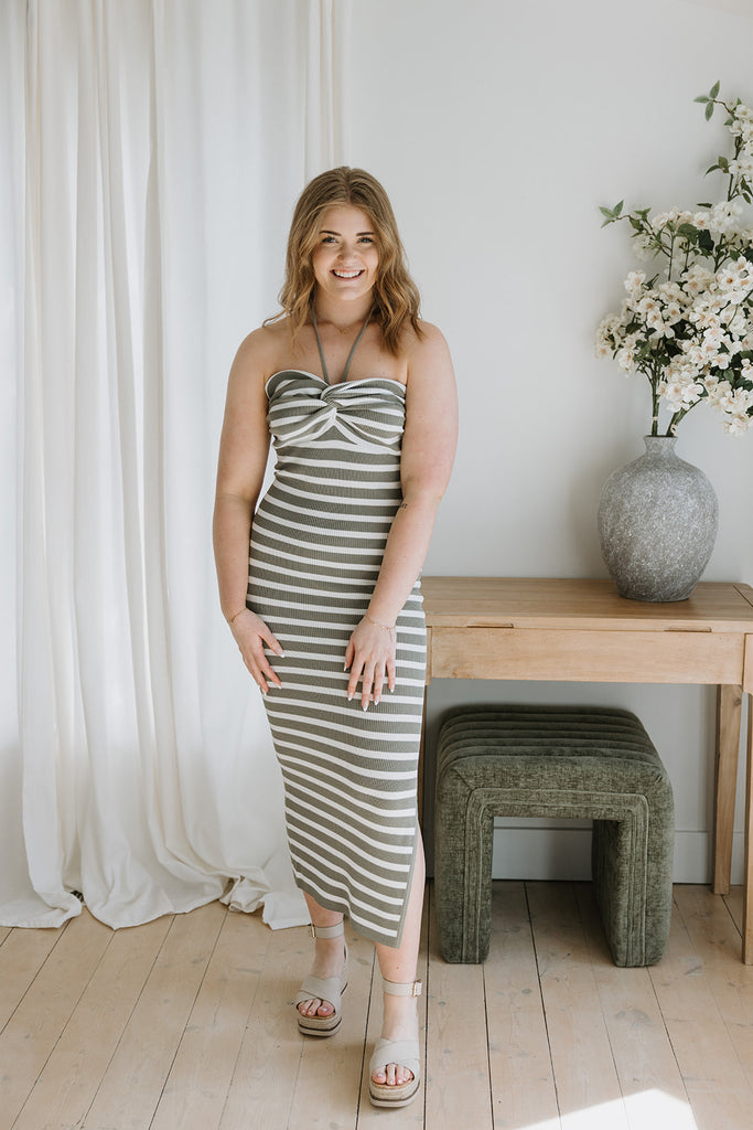 Striped Twist Halter Dress - White/Sage
