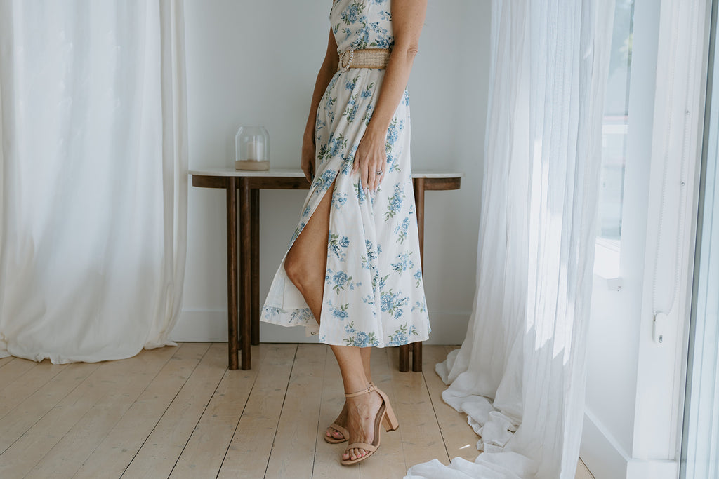 Dream Blue Linen Midi Dress with Belt