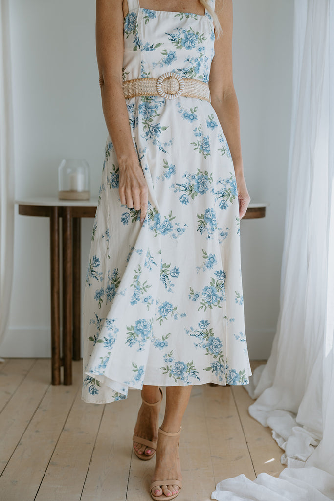 Dream Blue Linen Midi Dress with Belt