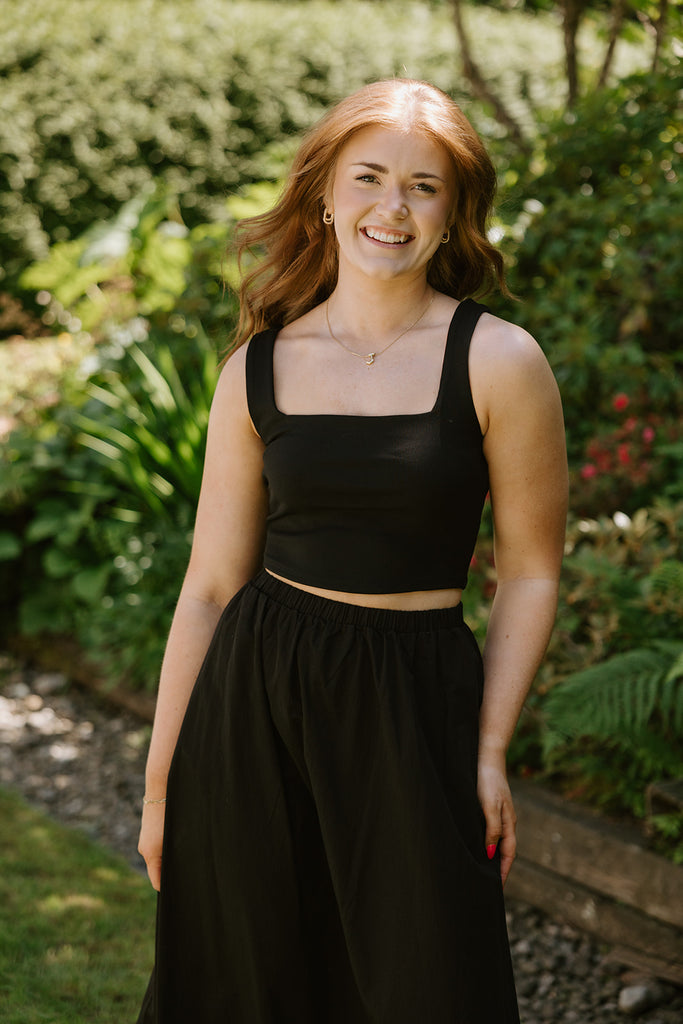 Square Neck Ribbed Crop Tank - Black