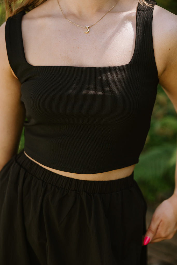 Square Neck Ribbed Crop Tank - Black