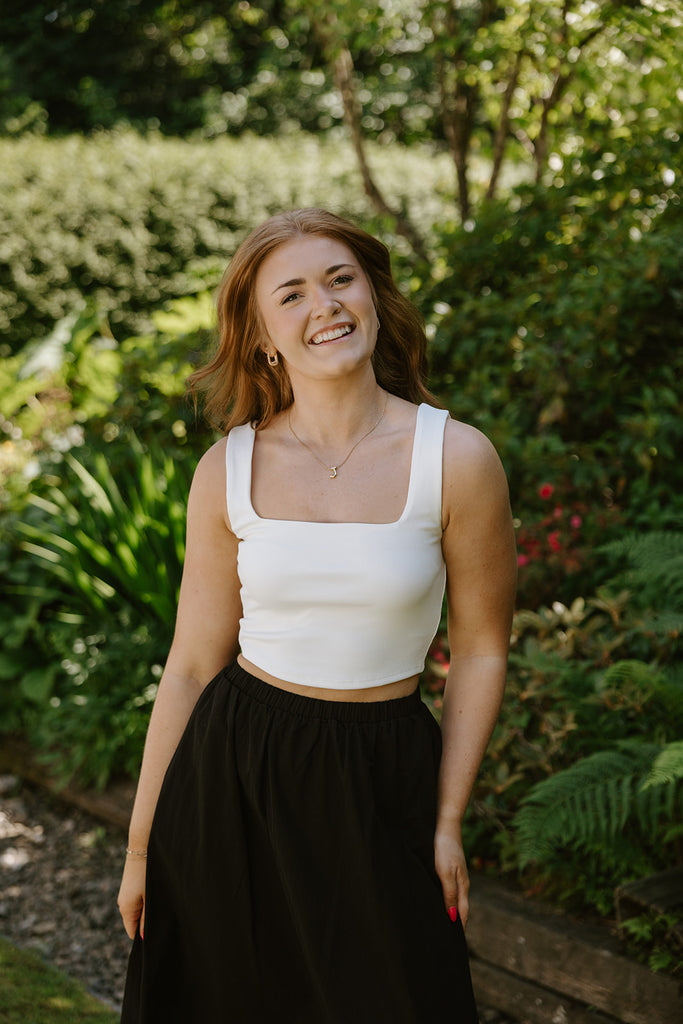 Square Neck Ribbed Crop Tank - White