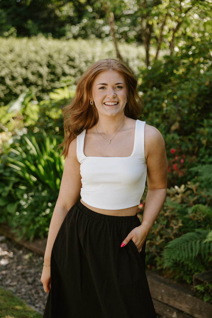 Square Neck Ribbed Crop Tank - White