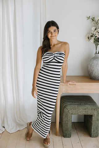 Strapless Striped Midi Dress - Black/Whi