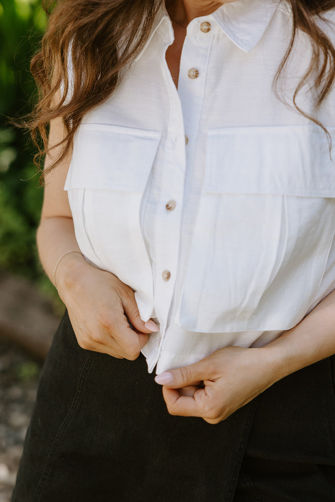 Sleeveless Button Up - White