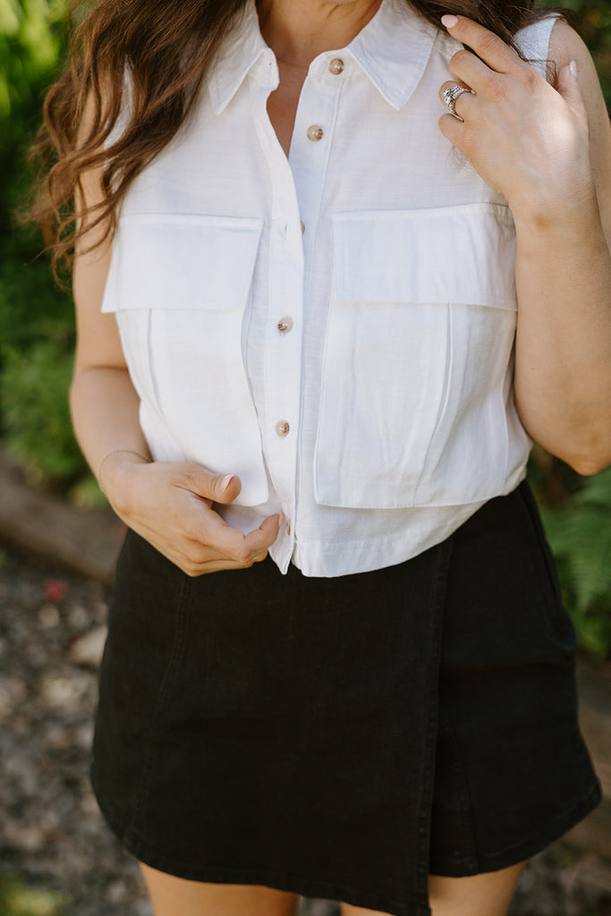 Sleeveless Button Up - White