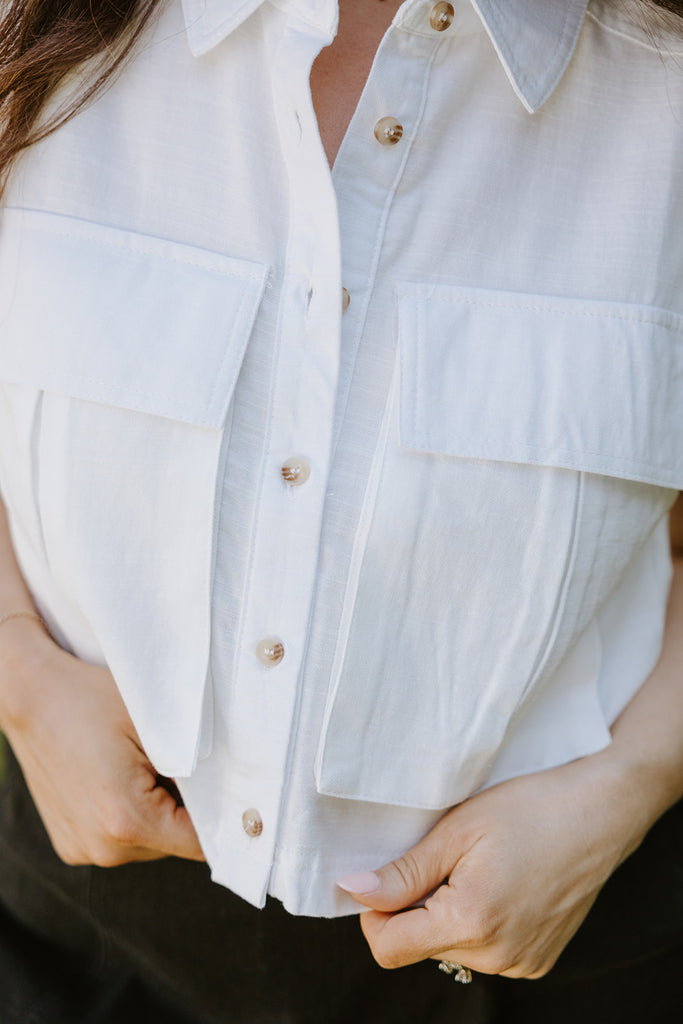 Sleeveless Button Up - White