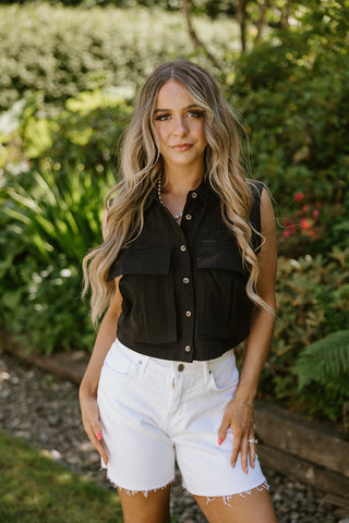Button Up Blouse With Pocket - Cream