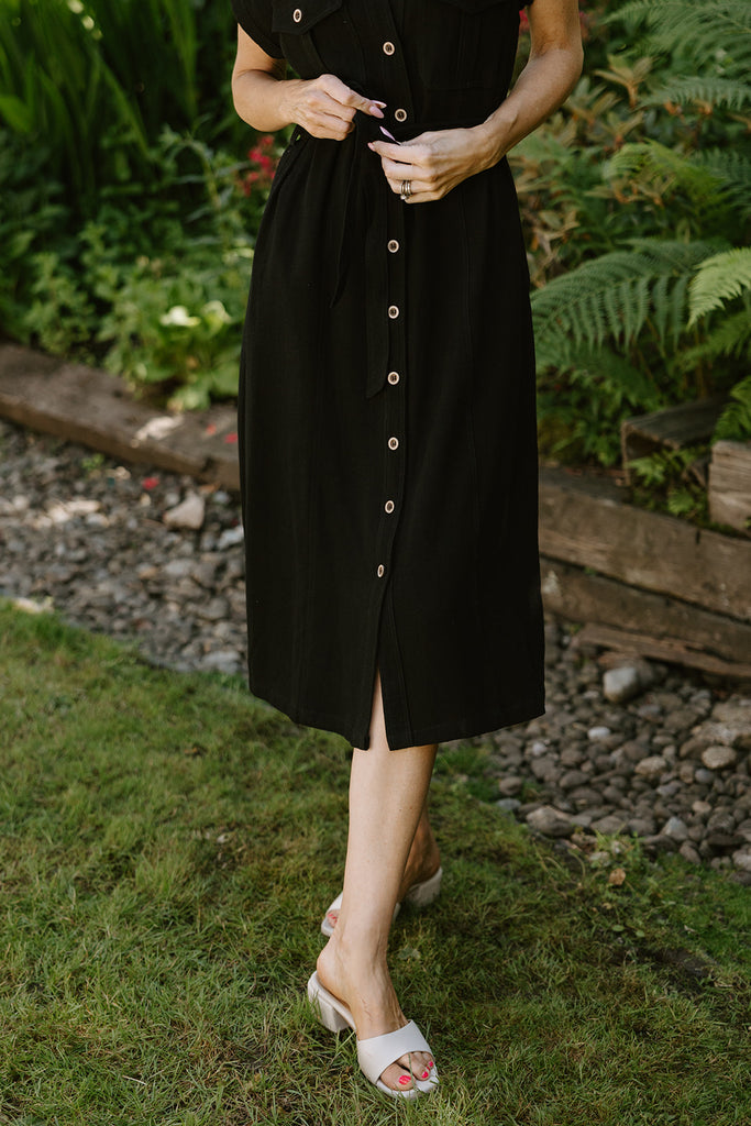 Button Up Utility Dress With Pockets - Black