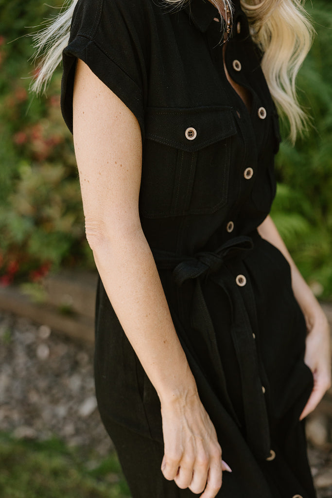 Button Up Utility Dress With Pockets - Black