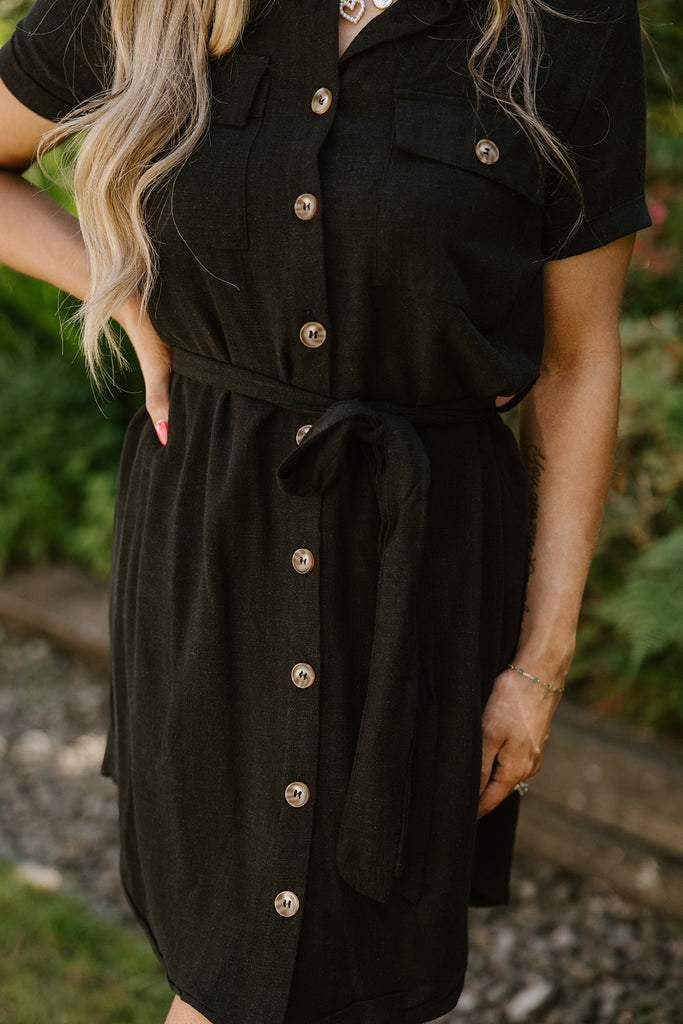 Collared Button Down Belted Dress - Black