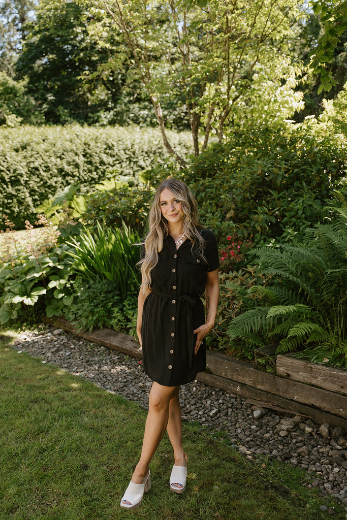 Collared Button Down Belted Dress - Black