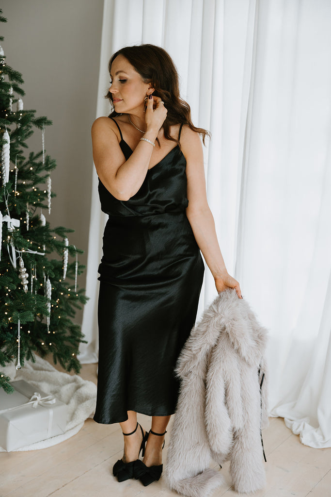 Satin Midi Skirt with Elastic - Black