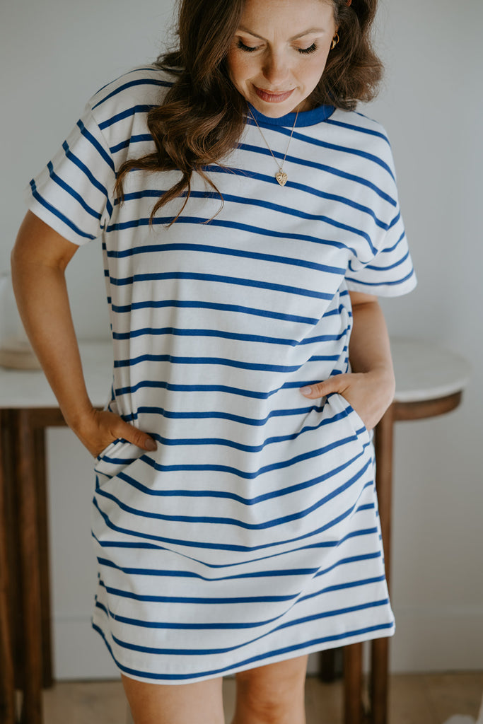 Striped Sweatshirt Dress - Blue