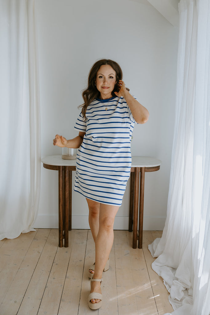 Striped Sweatshirt Dress - Blue