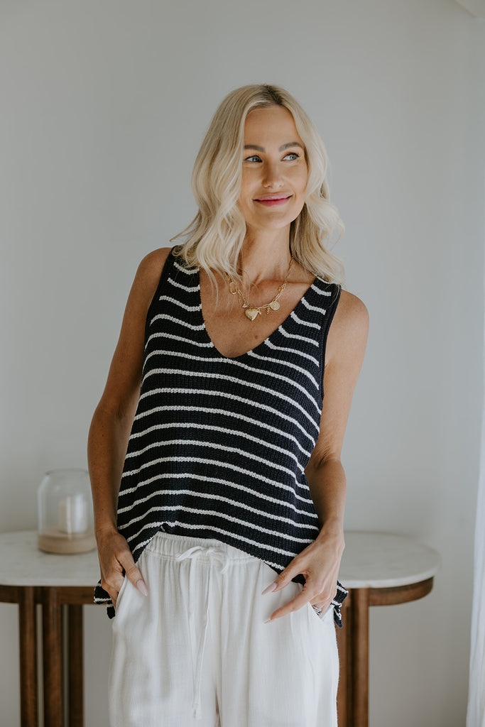 Lightweight Striped VNeck Knit Tank - Navy