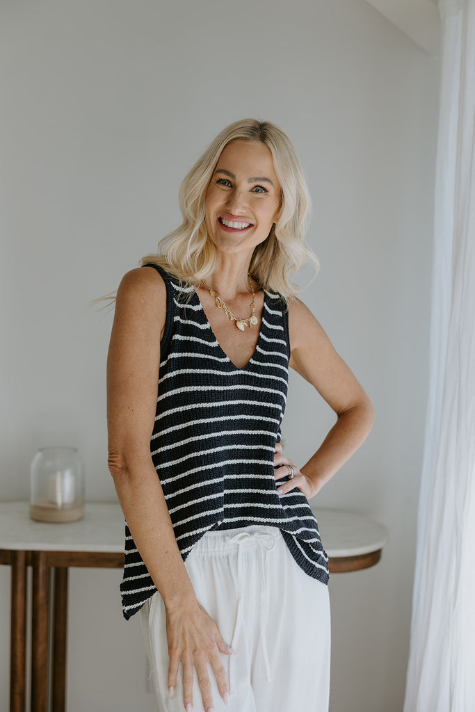 Lightweight Striped VNeck Knit Tank - Navy
