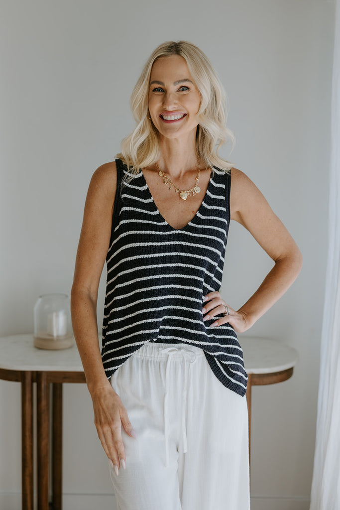 Lightweight Striped VNeck Knit Tank - Navy