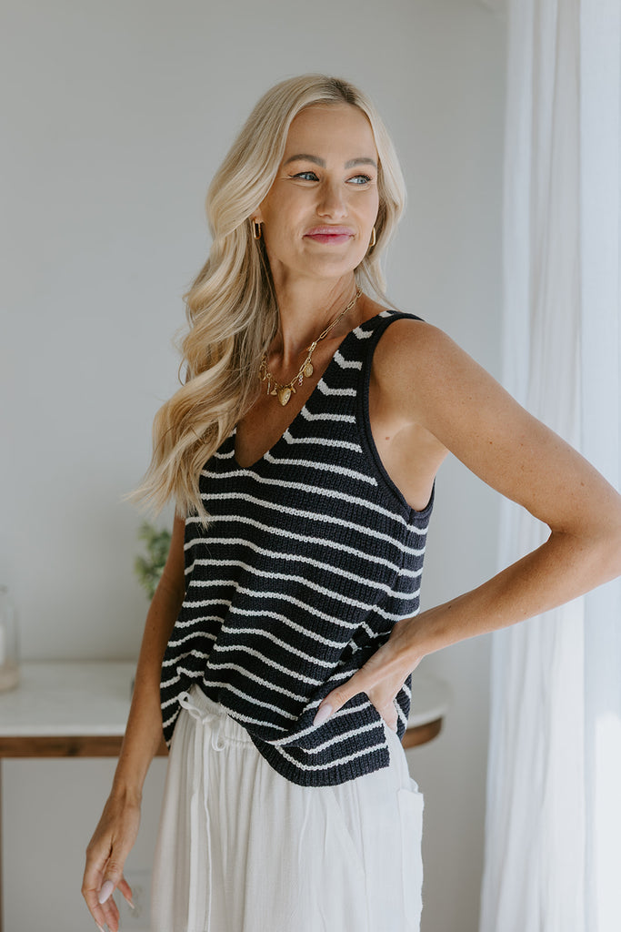 Lightweight Striped VNeck Knit Tank - Navy