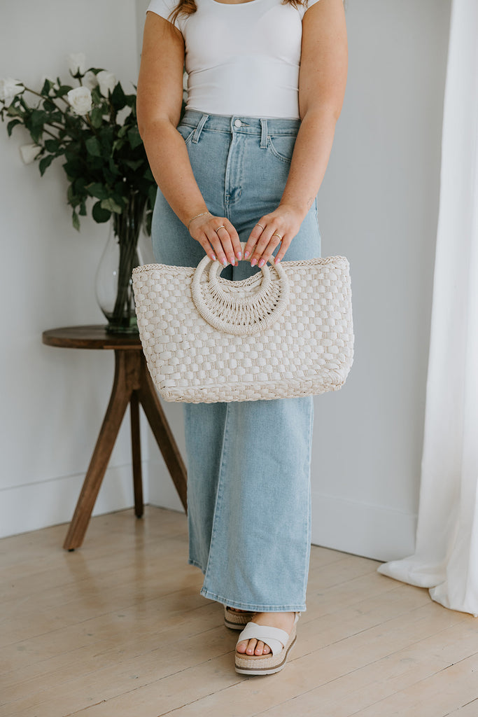 Woven Bag With Zipper & Handle - White