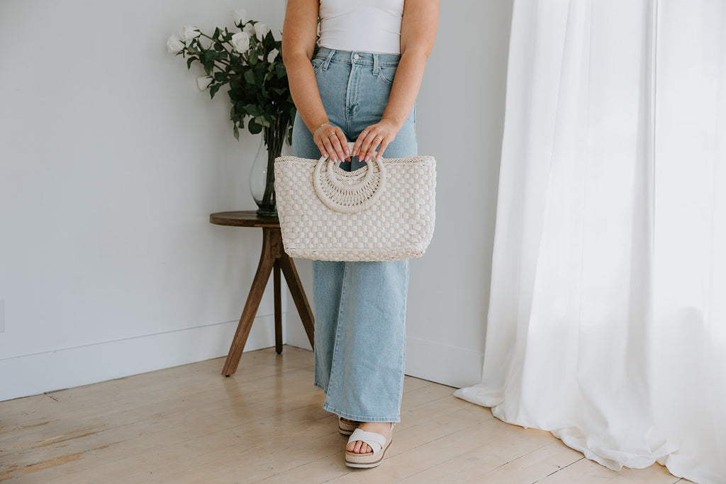 Woven Bag With Zipper & Handle - White