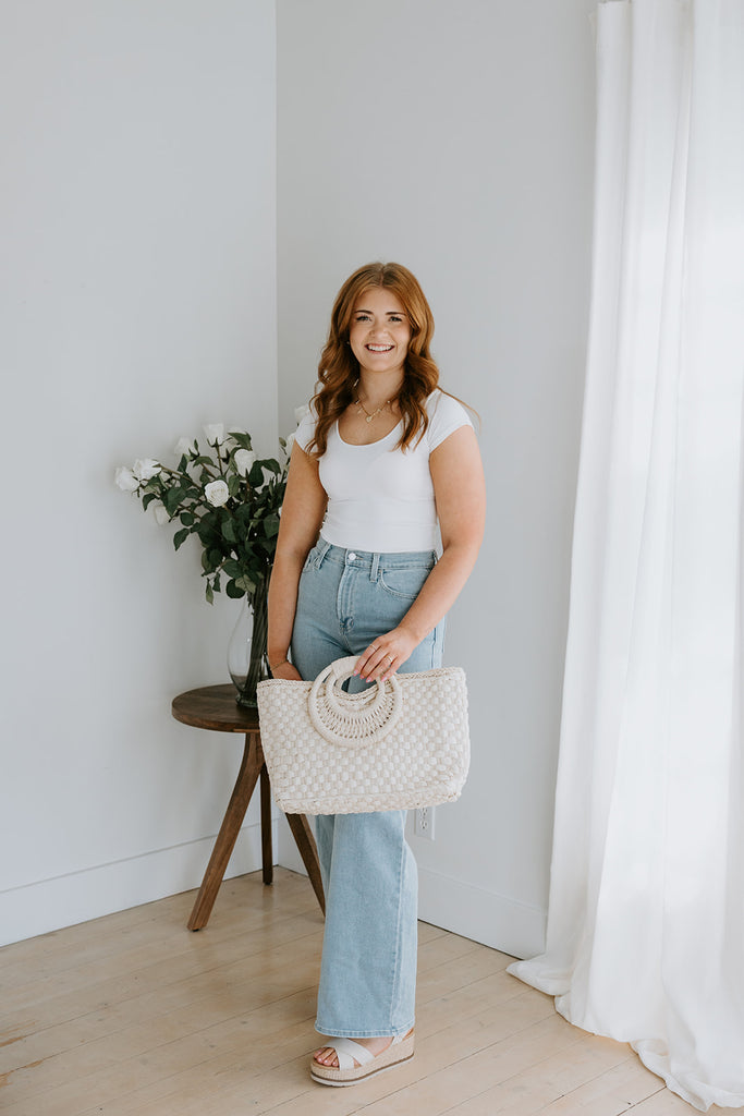 Woven Bag With Zipper & Handle - White