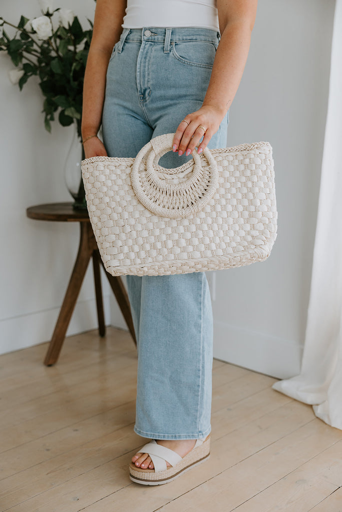 Woven Bag With Zipper & Handle - White