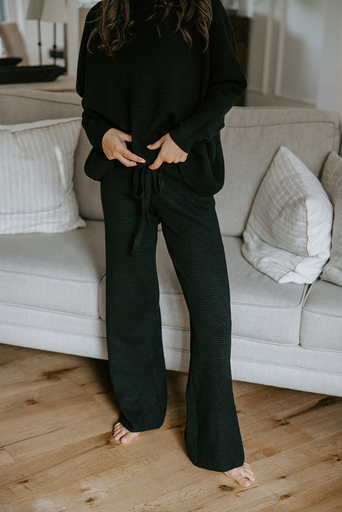 Waffle Textured Sweater & Pant Set - Black