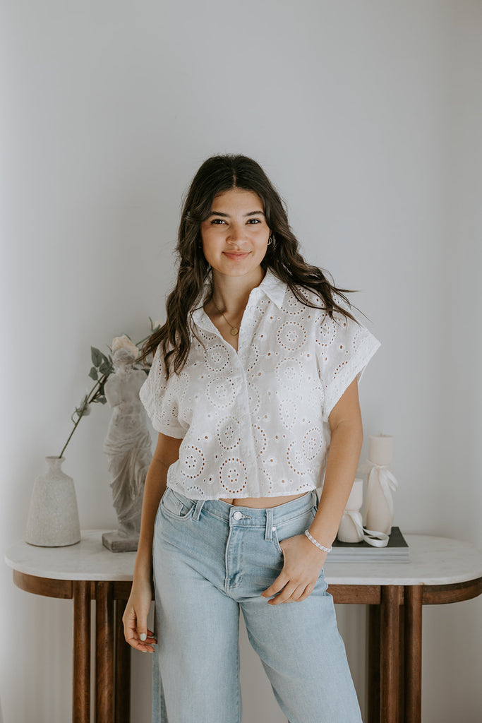 White Eyelet Button Up